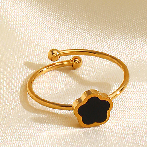 Bague ajustable en acier inoxydable, ornée d’une fleur en pierre naturelle Agate noire, bijou bohème et intemporel