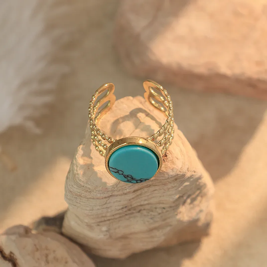 Bague dorée en acier inoxydable ornée d’une pierre naturelle turquoise, bijou bohème