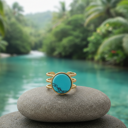 Bague dorée en acier inoxydable ornée d’une pierre naturelle turquoise, bijou bohème