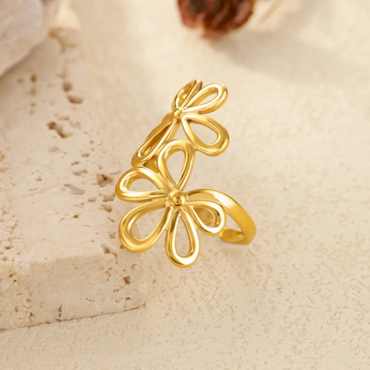 Bague dorée en acier inoxydable ajustable ornée de deux fleurs, bijou bohème et intemporel