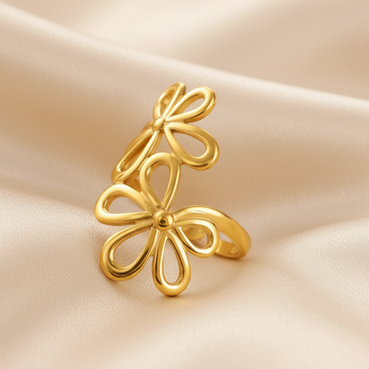 Bague tendance en acier inoxydable doré, ajustable, ornée de deux fleurs, bijou bohème
