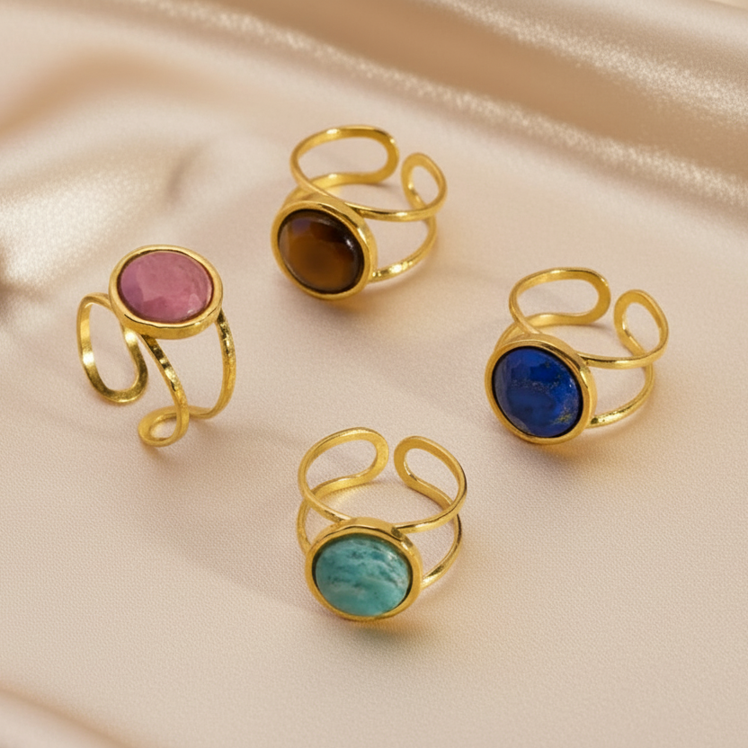 Bagues dorées en acier inoxydable ornées d’une pierre naturelle amazonite ou lapis-lazuli, bijou bohème