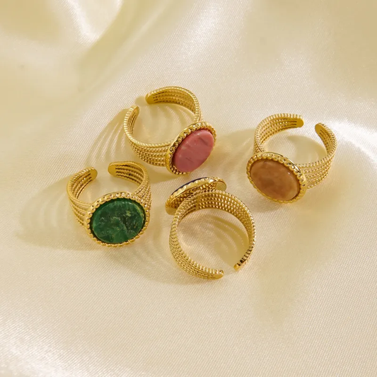Bague dorée en acier inoxydable avec pierre naturelle (Rhodochrosite, Terre de Soleil, Jade africaine, Lapis-lazuli), bijou bohème