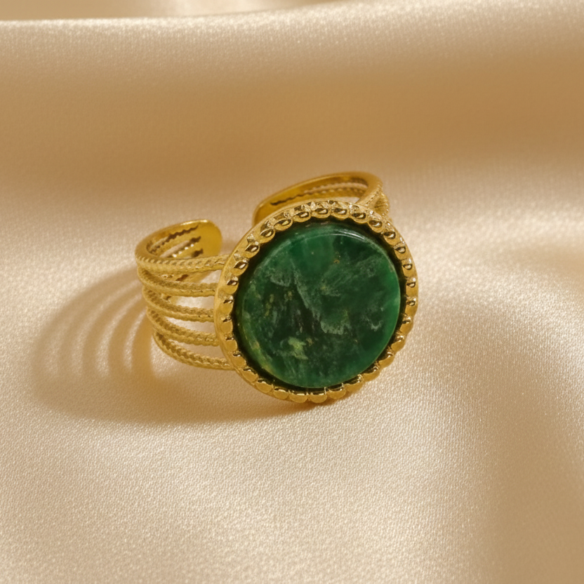 Bague dorée en acier inoxydable ornée d’une pierre naturelle Jade africaine, bijou bohème