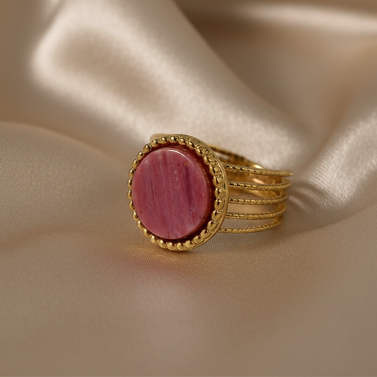 Bague dorée en acier inoxydable 316L avec pierre naturelle Rhodochrosite.
