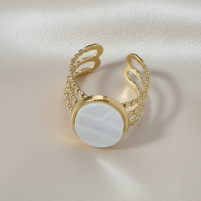 Bague dorée en acier inoxydable avec nacre, bijou bohème chic