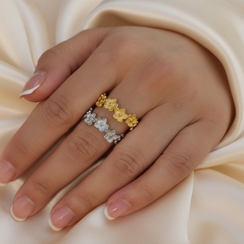 Bague ajustable en acier inoxydable ornée de fleurs dorées ou argentées, bijou bohème et intemporel