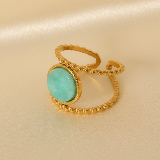 Bague femme ajustable en acier inoxydable doré, ornée d’une pierre naturelle Amazonite, bijou bohème