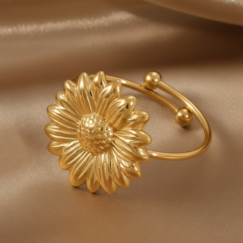 Bague ajustable en acier inoxydable doré, ornée d'une fleur marguerite.