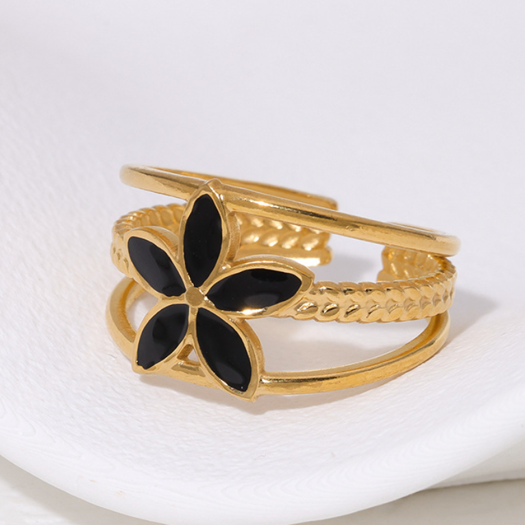 Bague HELENA – Fleur blanche ou noire en acier inoxydable doré