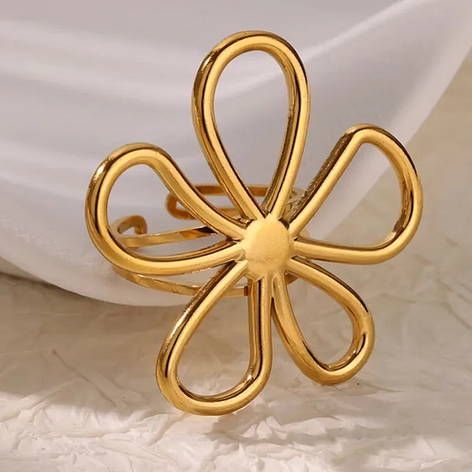 Bague dorée ajustable en acier inoxydable ornée d’une grande fleur, bijou bohème et intemporel