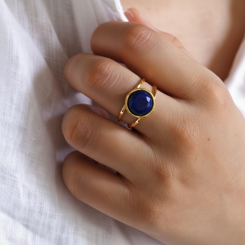 Bague dorée en acier inoxydable ornée d’une pierre naturelle lapis-lazuli sur une main de femme.