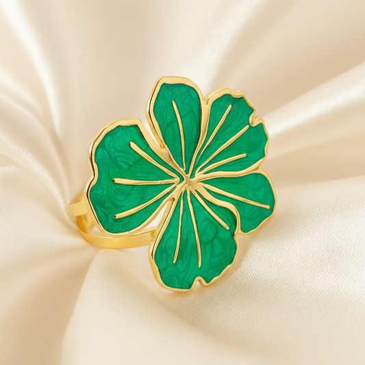 Bague dorée ajustable en acier inoxydable, ornée d’une grande fleur verte, bijou bohème et tendance