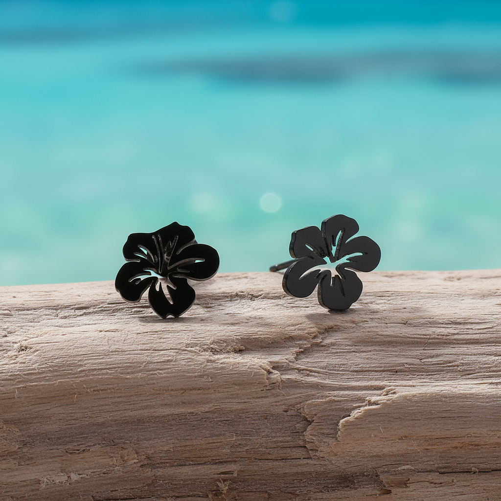 Boucles d'oreilles fleur d'hibiscus en acier inoxydable noir.