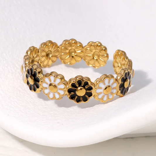 Bague ajustable en acier inoxydable, ornée de fleurs dorées avec émail noir et blanc, bijou bohème et intemporel