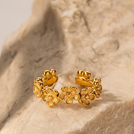 Bague ajustable en acier inoxydable ornée de fleurs dorées, bijou bohème et intemporel