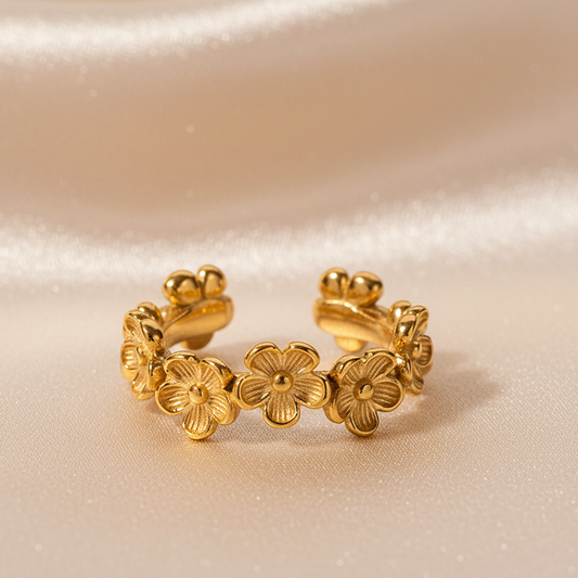 Bague dorée ajustable en acier inoxydable, ornée d'une couronne de fleurs, bijou bohème et tendance