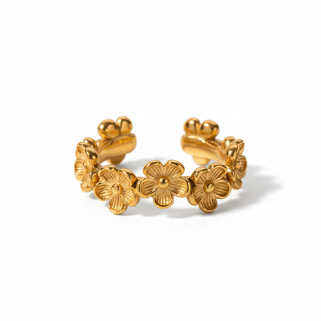 Bague dorée ajustable en acier inoxydable, ornée d'une couronne de fleurs.