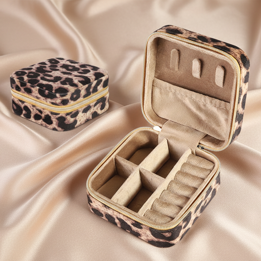 Boîte à bijoux carré en velours léopard – rangement compact pour colliers, bracelets, bagues et boucles d’oreilles