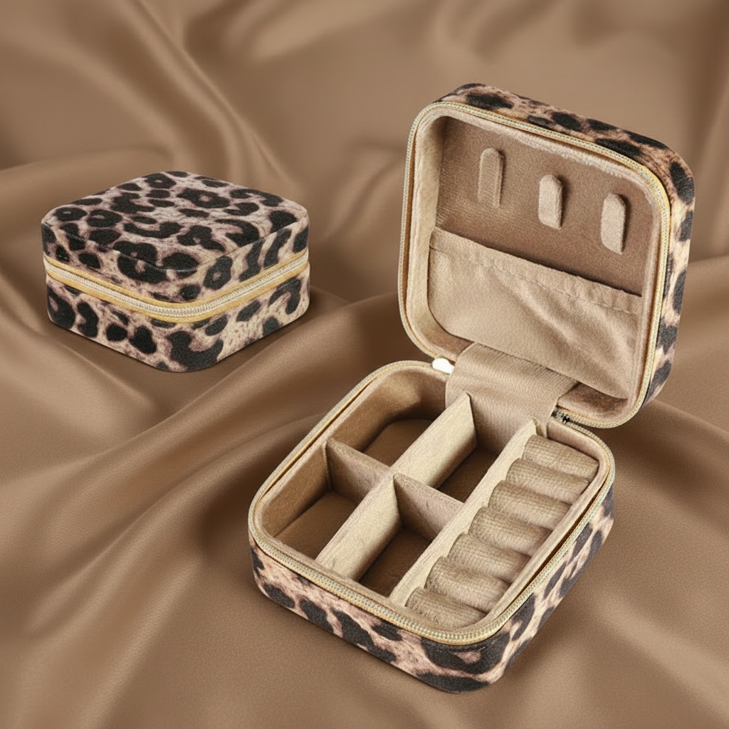 Boîte à bijoux carré en velours léopard – rangement compact pour colliers, bracelets, bagues et boucles d’oreilles