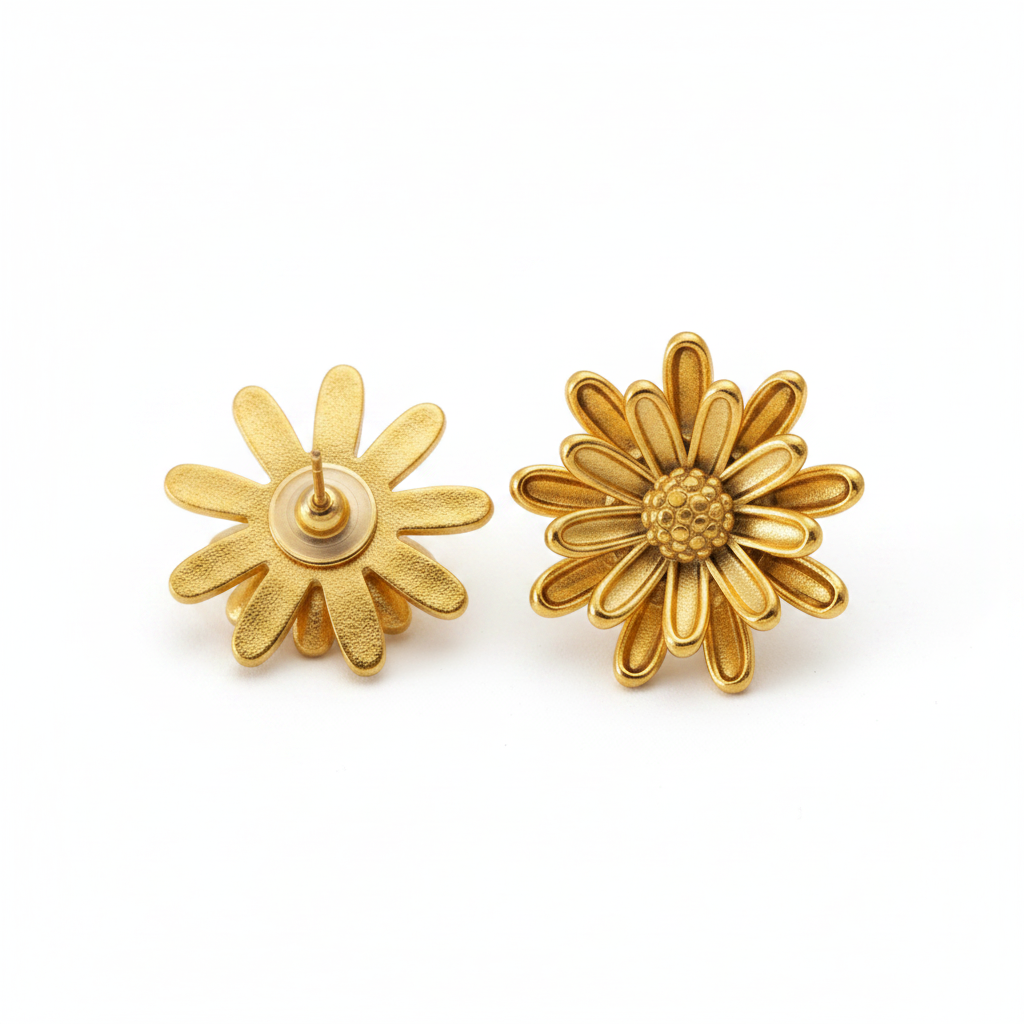 Dos de boucles d’oreilles fleur marguerite en acier inoxydable doré, puces 2,4 cm.