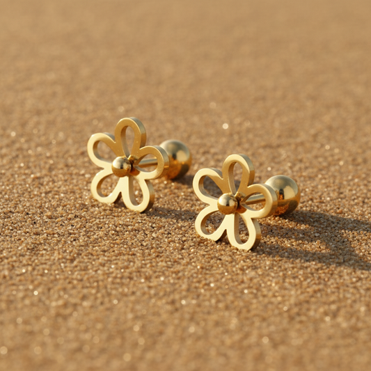 Boucles d’oreilles en acier inoxydable doré, fleur de 9mm avec fermoir boule.