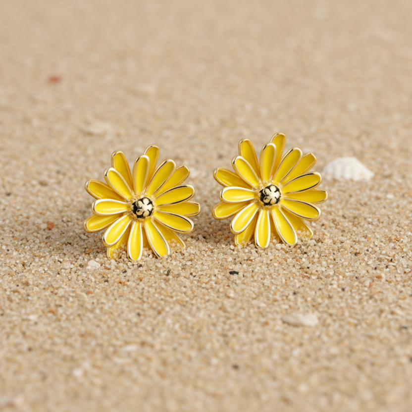 Boucles d’oreilles fleur 2,3 cm en acier inoxydable doré avec pétales de marguerite émaillés jaune.