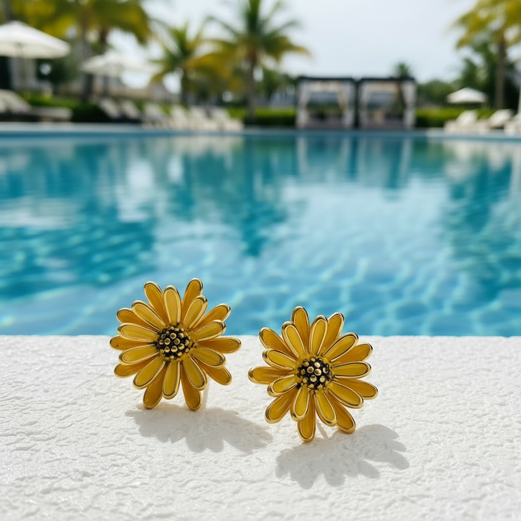 Boucles d’oreilles fleur marguerite jaune caramel pour femme en acier inoxydable doré, puce 2,3 cm, style bohème