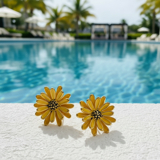 Boucles d’oreilles fleur marguerite jaune caramel pour femme en acier inoxydable doré, puce 2,3 cm, style bohème