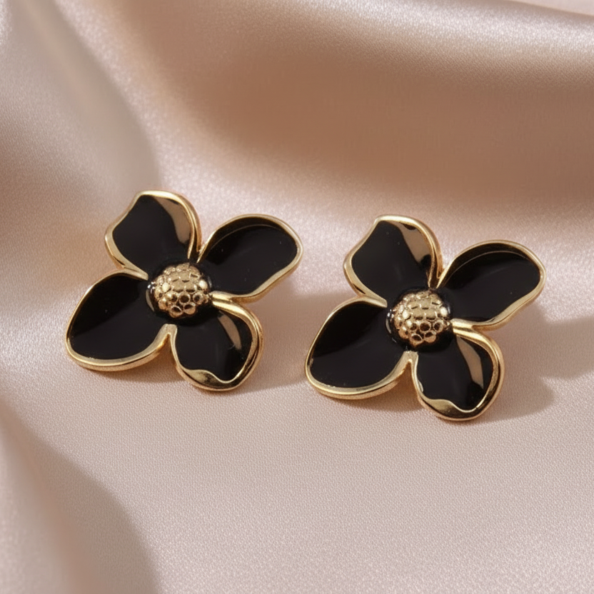 Boucles d’oreilles grande fleur pour femme en acier inoxydable doré et émail noir, Style bohème chic et tendance