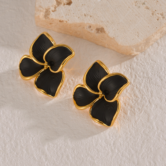Boucles d'oreilles fleur stylisée noire en acier inoxydable doré pour femme, puce 3 cm, bijou élégant