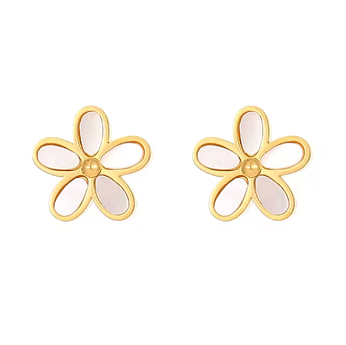 Boucles d’oreilles femme en acier inoxydable fleur nacre cinq pétales cœur perle doré