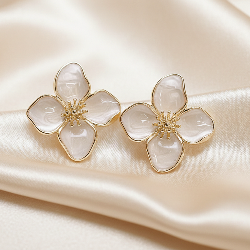 Boucles d’oreilles grande fleur pour femme en alliage de zinc et émail blanc, 2,5 cm, style bohème et tendance