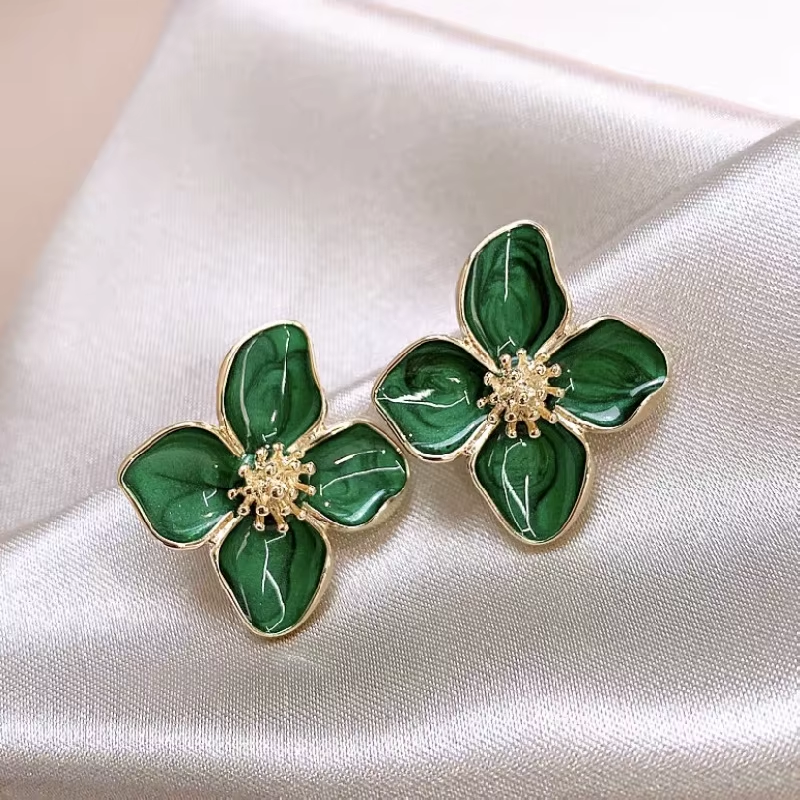 Boucles d’oreilles grande fleur pour femme en alliage de zinc et émail vert, 2,5 cm, style bohème
