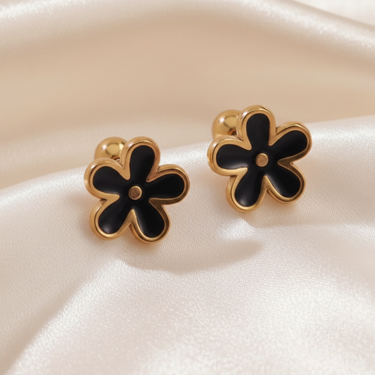Boucles d’oreilles enfant fleur émail noir en acier inoxydable doré, puces 9 mm avec fermoirs boules, bijoux fille