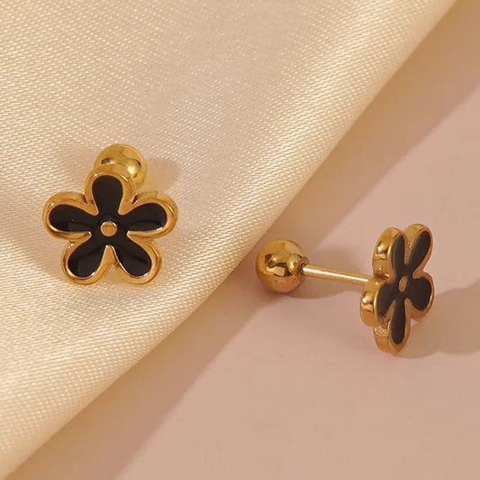 Boucles d’oreilles enfant fleur émail noir en acier inoxydable doré, puces 9 mm avec fermoirs boules, bijoux fille