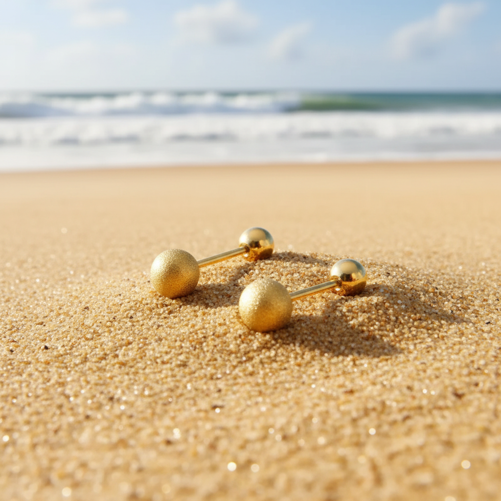 Boucles d’oreilles puces en acier inoxydable 316L doré avec perles dorées effet sable et fermoirs boules posées sur le sable.