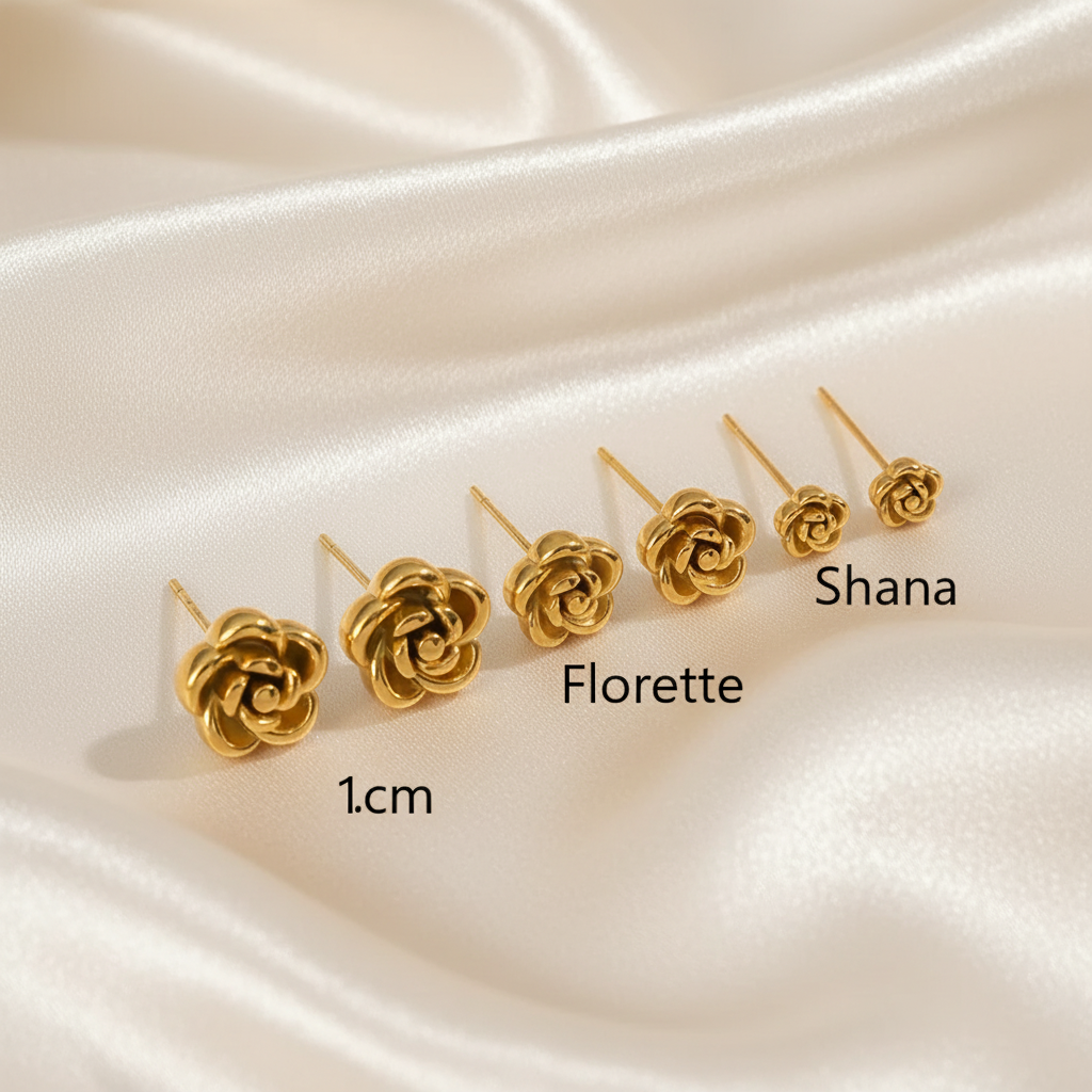 Boucles d'oreilles pétale de rose de plusieurs dimensions en acier doré