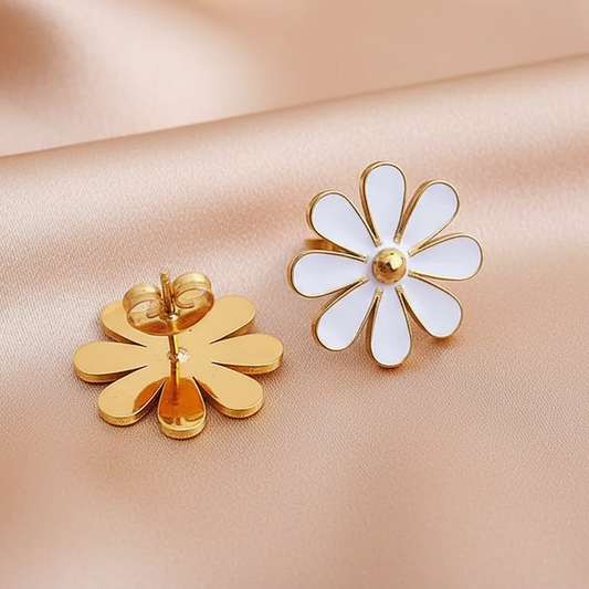 Boucles d’oreilles fleur marguerite pour femme en acier inoxydable doré et émail blanc, puce 1,6 cm, style bohème