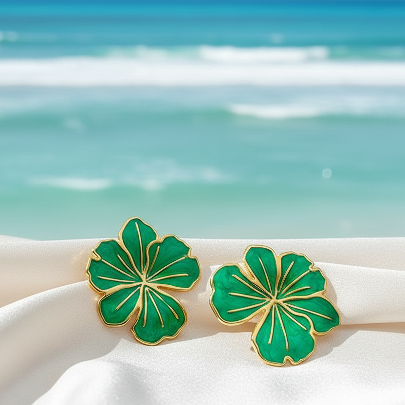 Boucles d’oreilles femme grande fleur tropicale verte 2,5 cm en acier inoxydable doré, style bohème