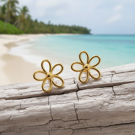 Boucles d'oreilles fleur stylisée ajourée en acier inoxydable doré, puce 1,4 cm.