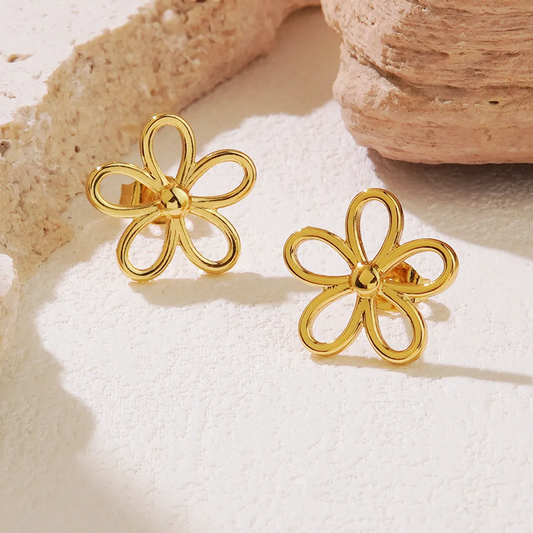 Boucles d'oreilles fleur stylisée ajourée en acier inoxydable doré pour femme, puce 1,4 cm