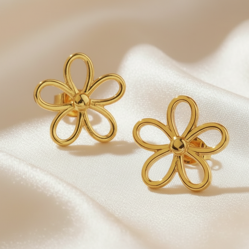 Boucles d'oreilles fleur stylisée ajourée en acier inoxydable doré pour femme, puce 1,4 cm