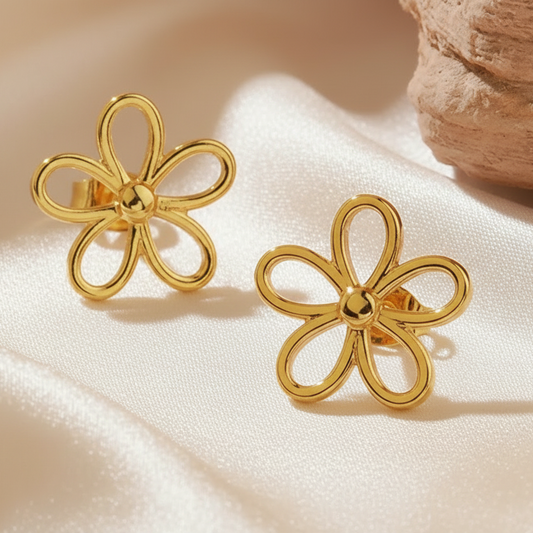 Boucles d'oreilles fleur stylisée ajourée en acier inoxydable doré pour femme, puce 1,4 cm