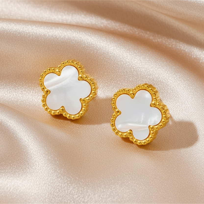 Boucles d’oreilles fleur pour femme en acier inoxydable doré et nacre blanche, puce 1,2 cm, style bohème et tendace