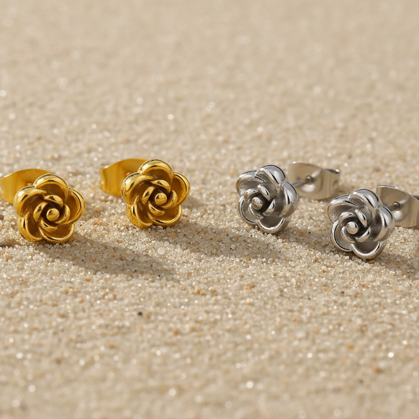 Boucles d'oreilles fleur en acier inoxydable doré ou argenté pour femme, puce 8 mm, bijou tendance florale