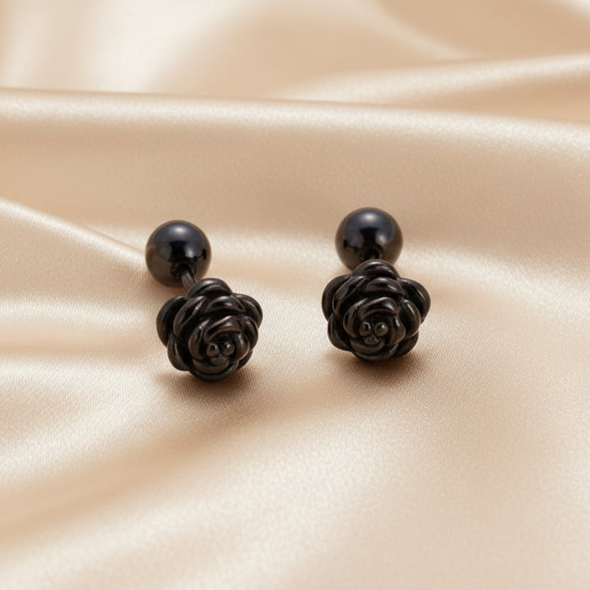 Boucles d’oreilles fleur en acier inoxydable noir, puce 1,2 cm, poussoir boule, style bohème minimaliste