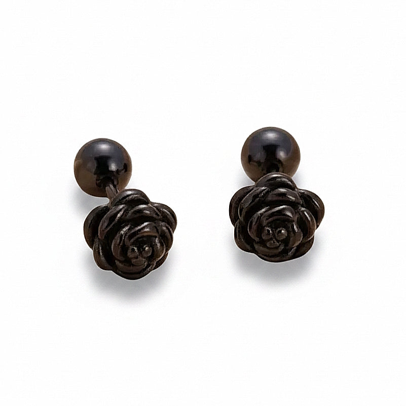 Boucles d’oreilles fleur en acier inoxydable noir, puce 1,2 cm, poussoir boule.