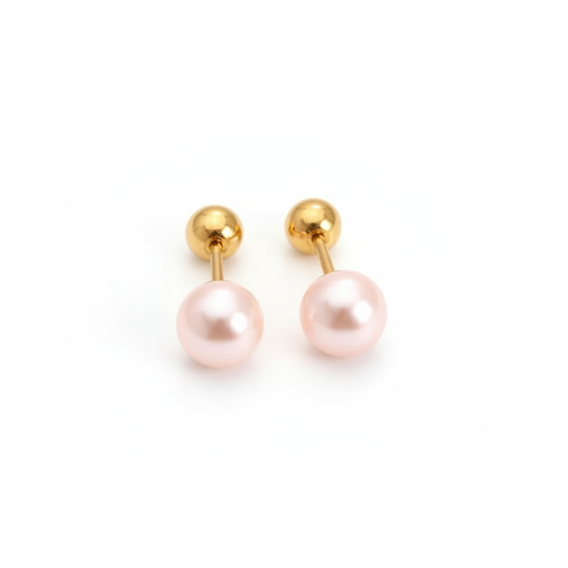 Boucles d’oreilles puces en acier inoxydable 316L doré avec perles rose et fermoirs boules.