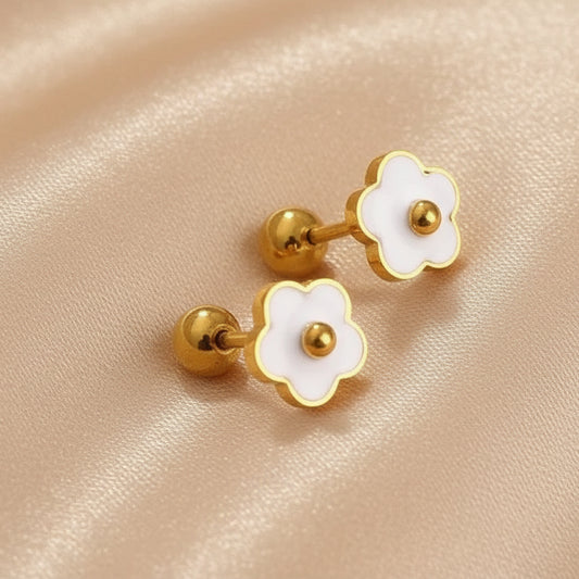 Boucles d’oreilles enfant en acier inoxydable 316L doré, fleur de 5mm en émail blanc, avec fermoir boule, bijoux fille